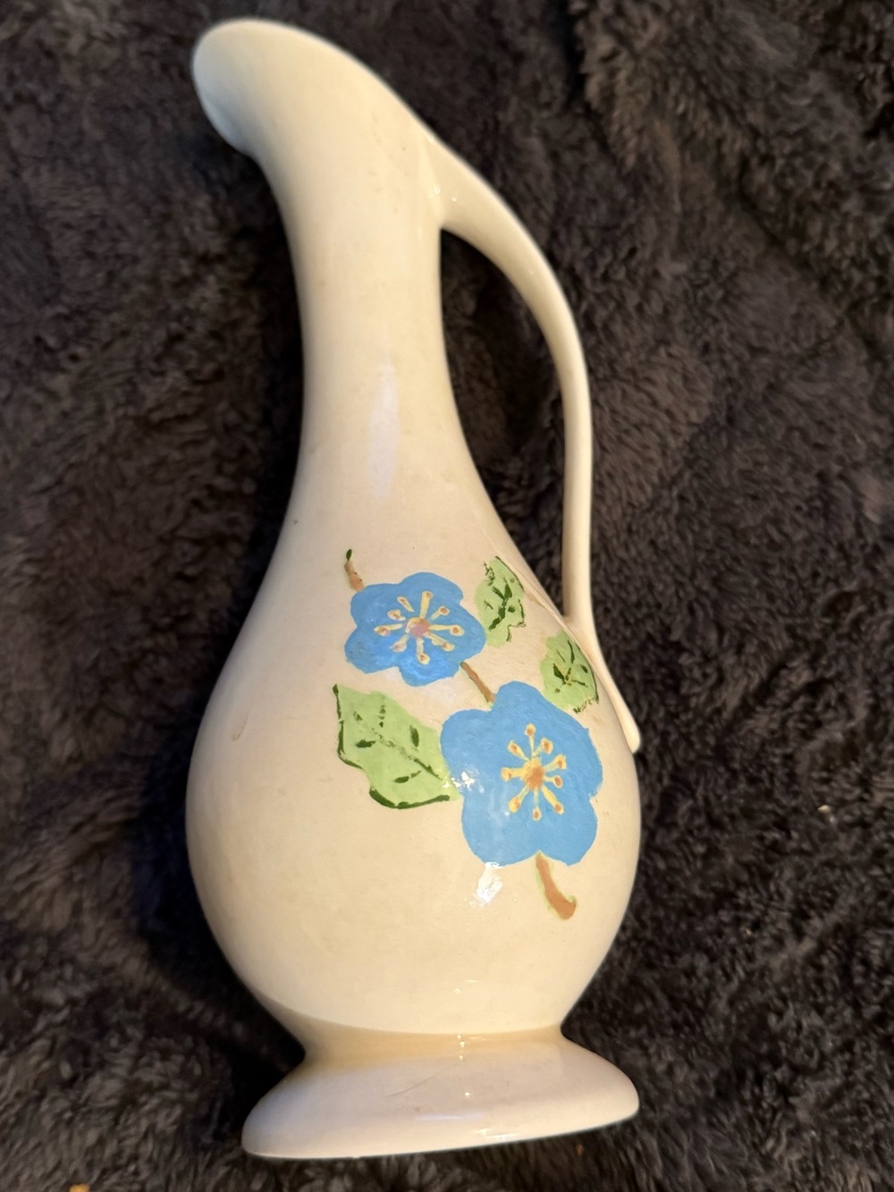 1950’s Cream Ceramic Pitcher Vase with Blue Floral Design